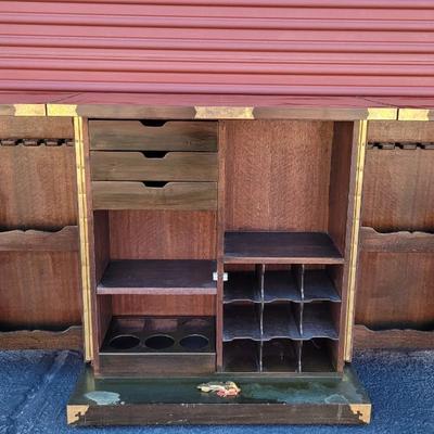 Antique/Vintage Korean Ornate Brass & Wood Liquor Cabinet and Bar with Korean Lock & Key
