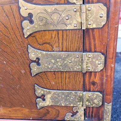 Antique/Vintage Korean Brass & Wood Ornate Double Cabinet Scholar's Cabinet with 2 Locks & Keys