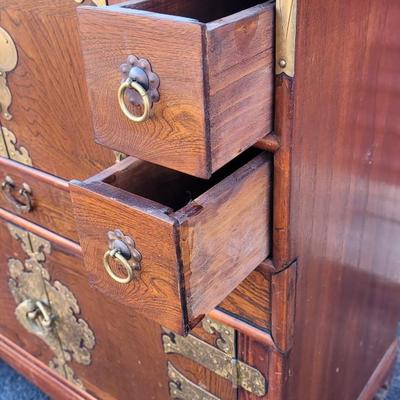Antique/Vintage Korean Brass & Wood Ornate Double Cabinet Scholar's Cabinet with 2 Locks & Keys