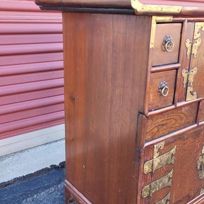 Antique/Vintage Korean Brass & Wood Ornate Double Cabinet Scholar's Cabinet with 2 Locks & Keys