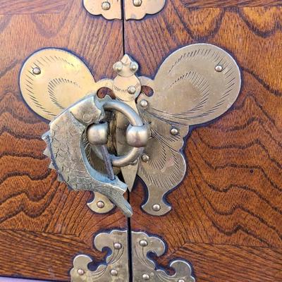 Antique/Vintage Korean Brass & Wood Ornate Double Cabinet Scholar's Cabinet with 2 Locks & Keys