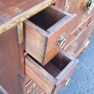 Antique/Vintage Korean Brass & Wood Ornate Double Cabinet Scholar's Cabinet with 2 Locks & Keys