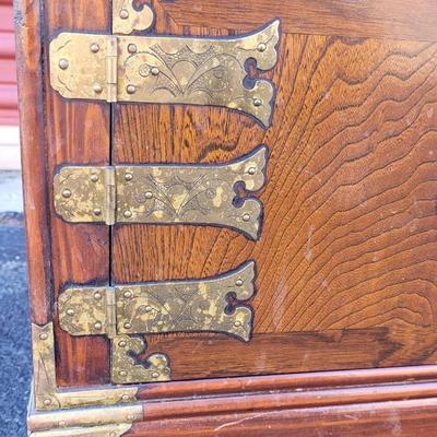 Antique/Vintage Korean Brass & Wood Ornate Double Cabinet Scholar's Cabinet with 2 Locks & Keys