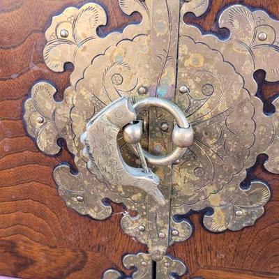Antique/Vintage Korean Brass & Wood Ornate Double Cabinet Scholar's Cabinet with 2 Locks & Keys