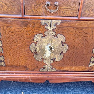 Antique/Vintage Korean Brass & Wood Ornate Double Cabinet Scholar's Cabinet with 2 Locks & Keys