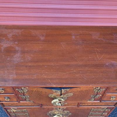 Antique/Vintage Korean Brass & Wood Ornate Double Cabinet Scholar's Cabinet with 2 Locks & Keys