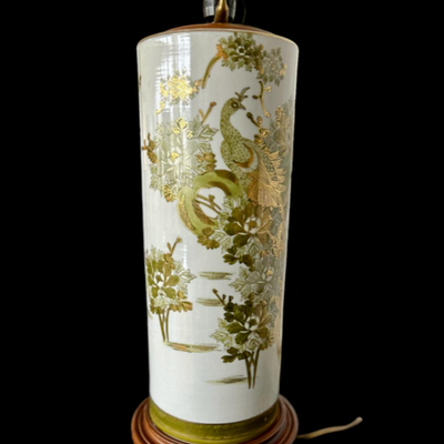 Vintage Asian Porcelain Lamp on Wooden Base with Custom Silk Shade