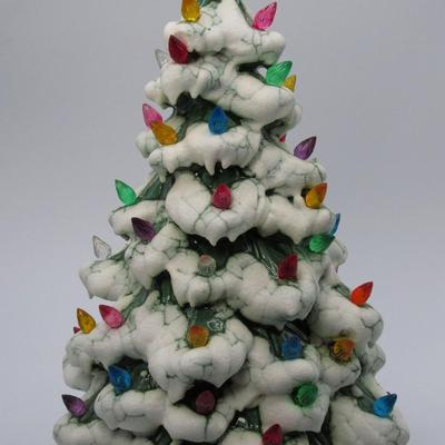 Vintage Signed Holland Mold Ceramic Plastic Light Bulbs Lighted Snowy Christmas Tree