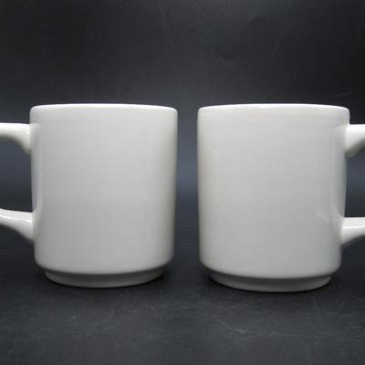 Pair of Retro Buffalo China Restaurant Ware White Ceramic Classic MCM Coffee Mug Cups Squared Handles