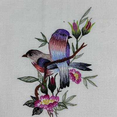 Vintage Colorful Birds and Flowers Embroidered Linen Napkin