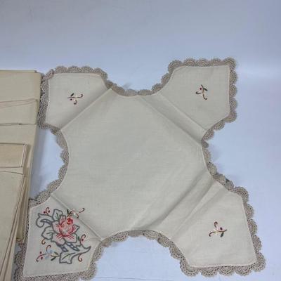 Mixed Lot of Off-White Ecru Lace Edge and Embroidered Table Linens Napkins Doilies