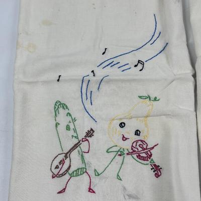 Vintage Hand Embroidered Veggie Themed Tea Dish Towels Dancing Tomato Musical Vegetables