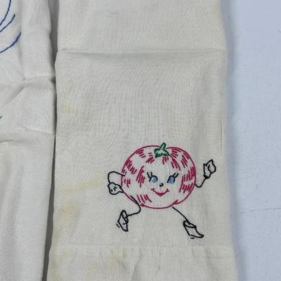Vintage Hand Embroidered Veggie Themed Tea Dish Towels Dancing Tomato Musical Vegetables