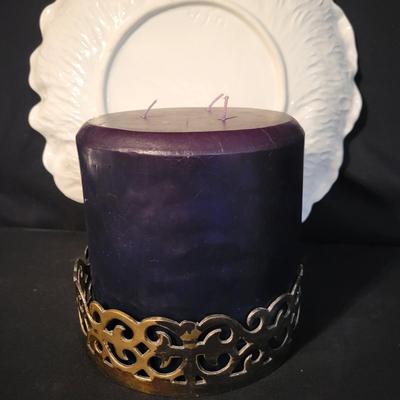 Whittier Pottery Chip Plate, Brass Candleholder & Candle, & Metal Serving Dish (DR-DW)