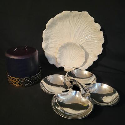 Whittier Pottery Chip Plate, Brass Candleholder & Candle, & Metal Serving Dish (DR-DW)