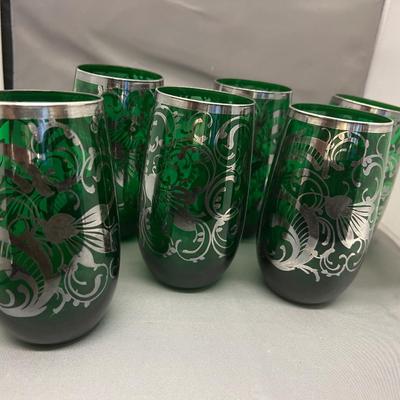 918 Antique Venetian Silver Overlay Green Glasses Lot of 6