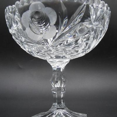 Vintage Rose Flower Etched Sawtooth Edge Glass Crystal Footed Compote Candy Dish