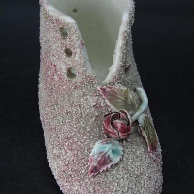 Small Vintage Textured Pottery Art Rose on Shoe Unmarked Figurine