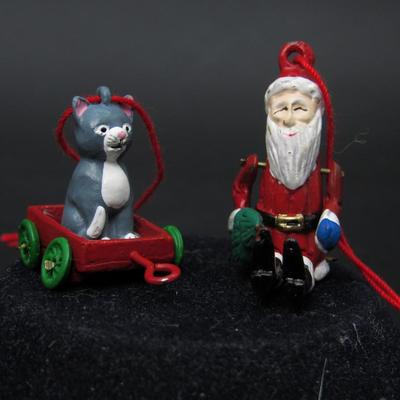 Miniature Vintage Dept. 56 Pewter Ornament Tiny Trimmings Cat in Red Wagon & Santa Claus