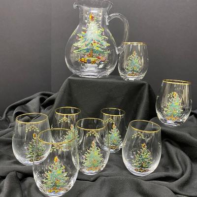 Spode- Christmas Tree Glass Pitcher and Glasses