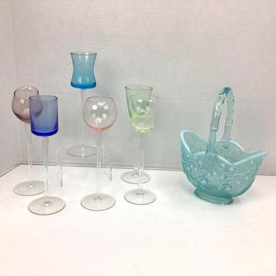 927 Colorful ApÃ©ritif Glasses & Fenton Lily of the Valley Blue Basket