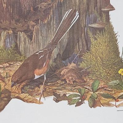 Signed Ray Harm 'Rufous-sided Towhee' Lithograph