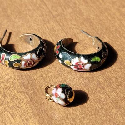 Vintage Cloisonne Hoop Earrings and Ball Bead Pendant