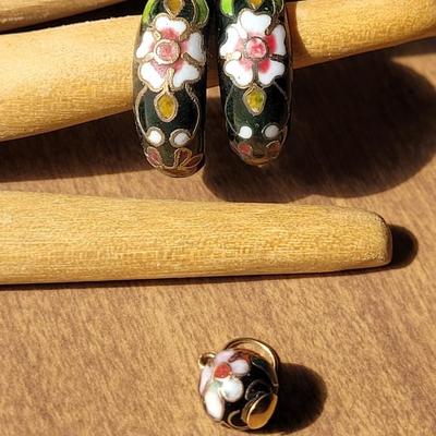 Vintage Cloisonne Hoop Earrings and Ball Bead Pendant