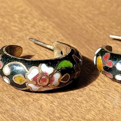 Vintage Cloisonne Hoop Earrings and Ball Bead Pendant