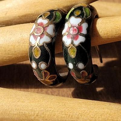 Vintage Cloisonne Hoop Earrings and Ball Bead Pendant