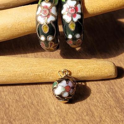 Vintage Cloisonne Hoop Earrings and Ball Bead Pendant