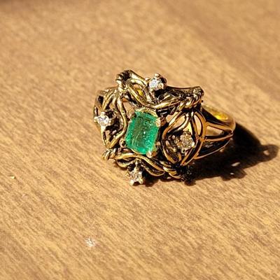 14k Gold, Emerald, and Diamond Ring