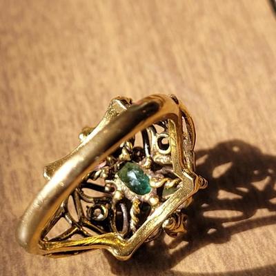 14k Gold, Emerald, and Diamond Ring