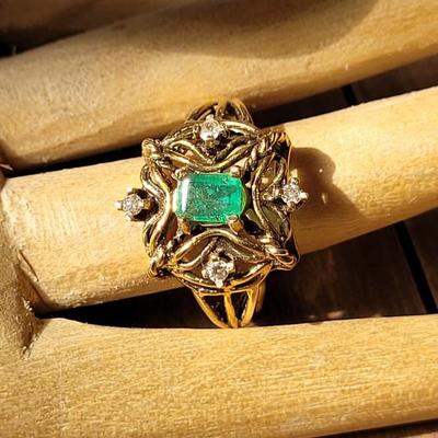 14k Gold, Emerald, and Diamond Ring