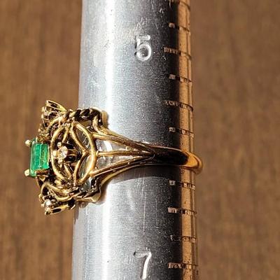 14k Gold, Emerald, and Diamond Ring