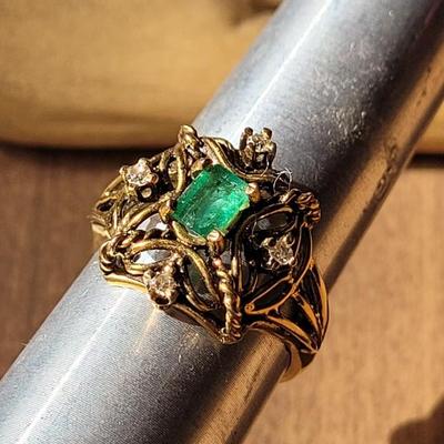 14k Gold, Emerald, and Diamond Ring