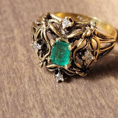14k Gold, Emerald, and Diamond Ring