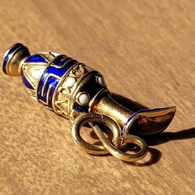 Solid 14k Gold, White & Blue Enamel Carafe Pendant