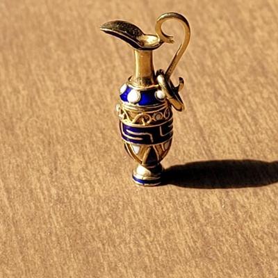 Solid 14k Gold, White & Blue Enamel Carafe Pendant