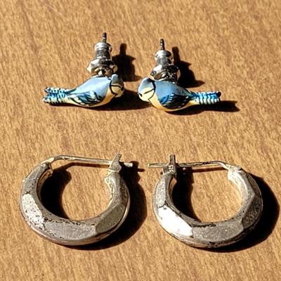 Sterling Silver Hoop Earring and Small Handpainted Blue Bird Earrings
