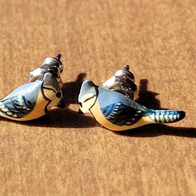 Sterling Silver Hoop Earring and Small Handpainted Blue Bird Earrings