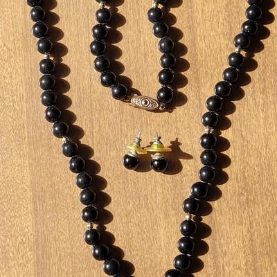 Black Agate Bead Necklace and Earrings