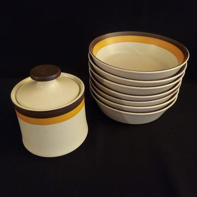 Arrow Stone Pueblo Sands Showa Japanese Stoneware Bowls and Sugar Dish (K-BBL)