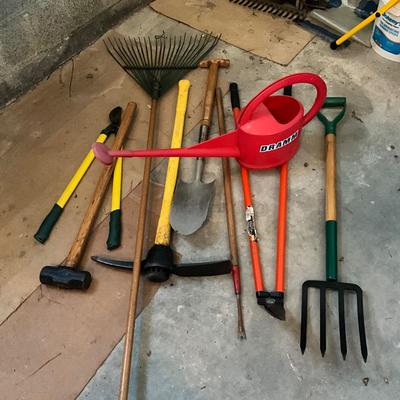 G1883 Lot of Garden Tools , Pitch Forks, Pic Axe, Rake , Shovels