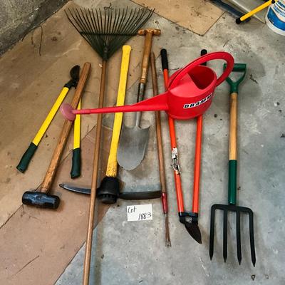 G1883 Lot of Garden Tools , Pitch Forks, Pic Axe, Rake , Shovels