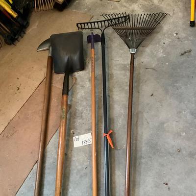 G1885 Lot of Garden Tools, Rakes, Shovel, Edger