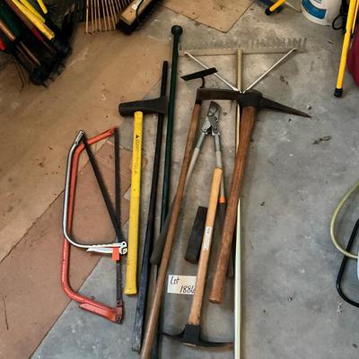 G1886 Tool Lot , Pic Axe, Sledge Hammer/ Axe, Edger, Aluminum Rake