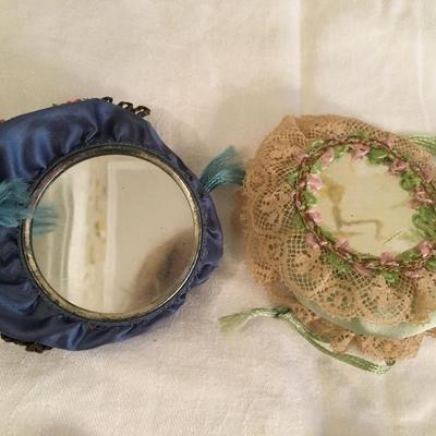 Vintage embroidered mirror/powder puffs