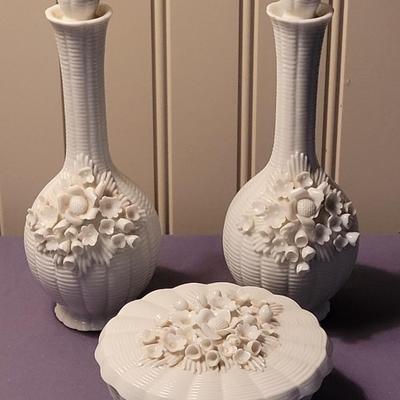 Vintage White Porcelain Vanity Set With 2 Toiletry Bottles and Powder Dish
