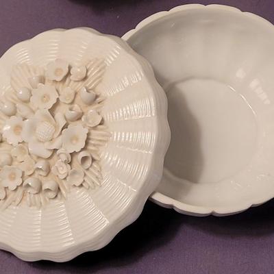 Vintage White Porcelain Vanity Set With 2 Toiletry Bottles and Powder Dish